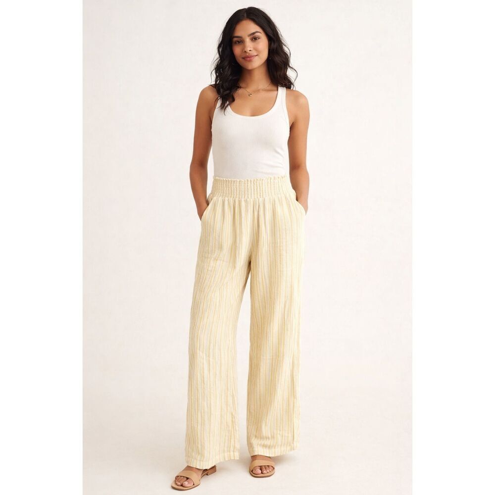 New Wonderly White Yellow Stripe Sz XXL Cotton Gauze Wide Leg Elastic Waist N